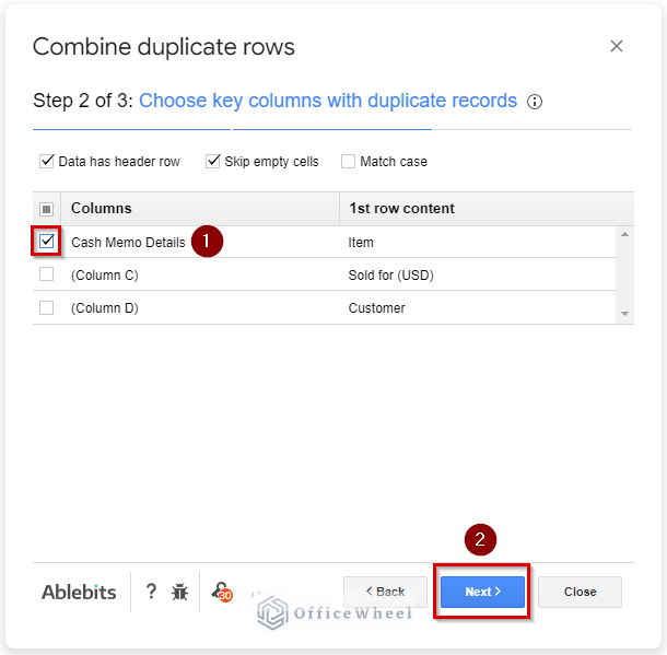step 2 of combine duplicate rows in google sheets
